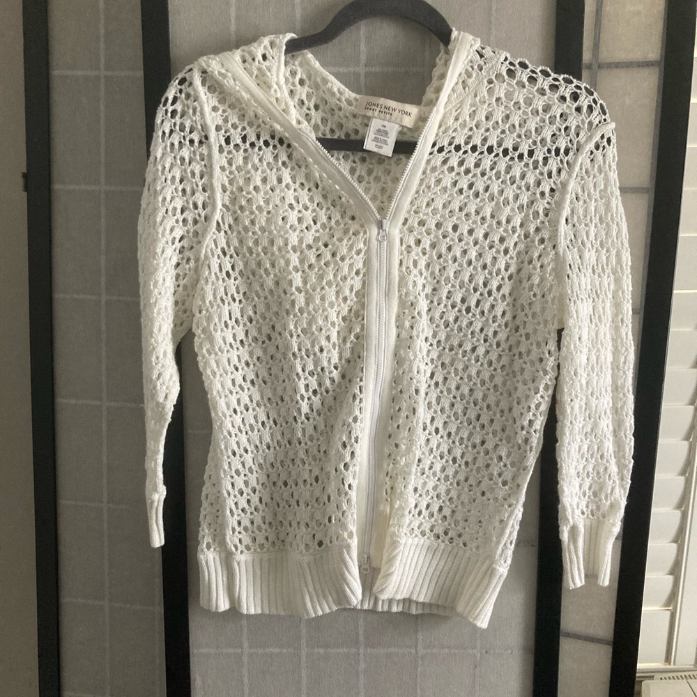 Jones New York Open-Weave Cream Hooded Cardigan - Picture 2 of 6